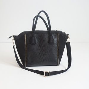 Black Leather and Suede Crocodile Zipper Satchel